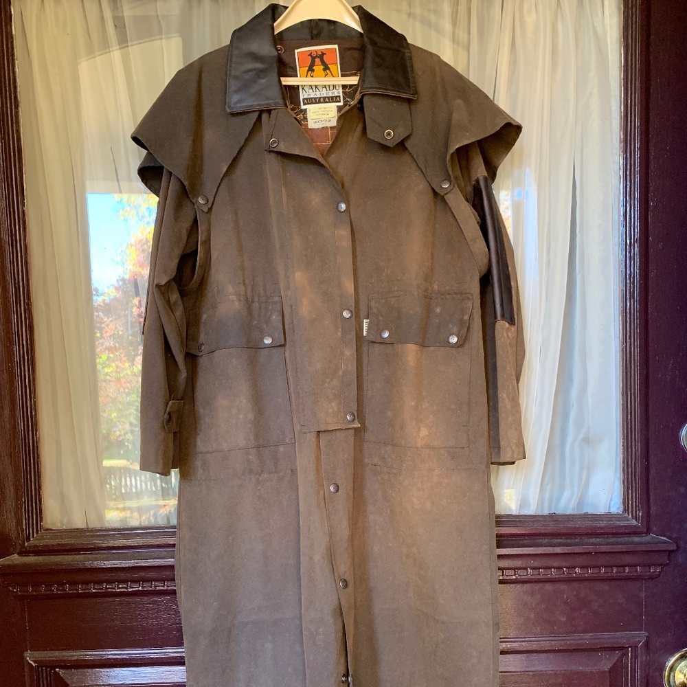 Kakadu Long Rider 3-in-1 Drovers Coat. Brown Oilcloth leather trim cotton lining